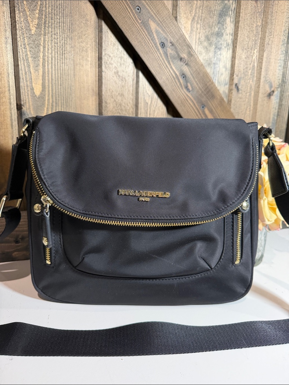 Karl Lagerfeld Black Nylon Satchel with Gold Hardware